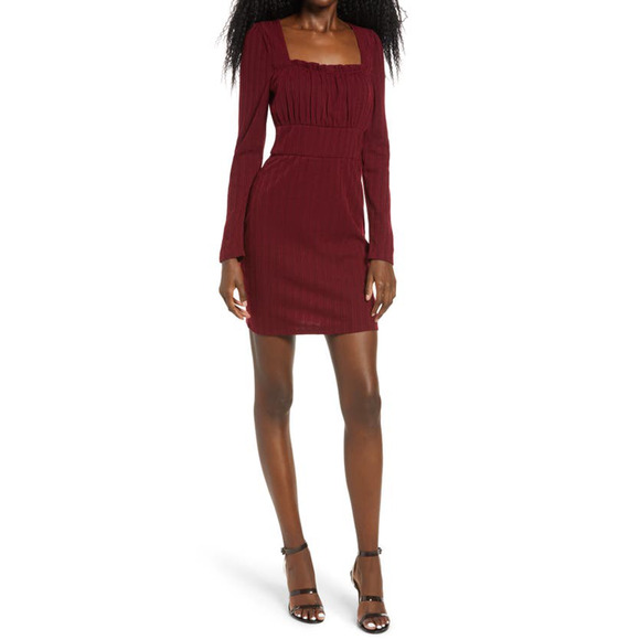 Row A Ribbed Knit Square Neck Bodycon Mini Dress Long Sleeve Maroon Medium - Picture 1 of 6